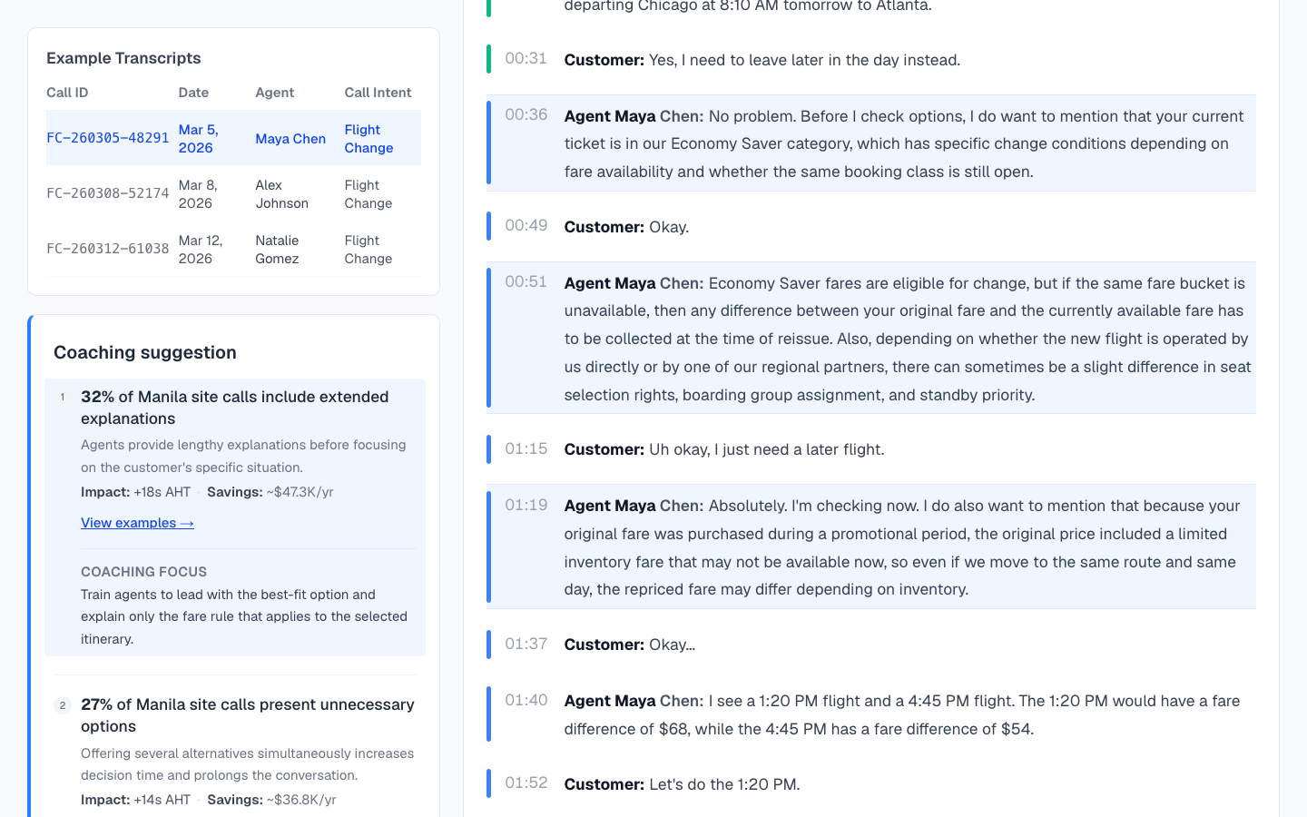 Coaching suggestion with highlighted transcript evidence
